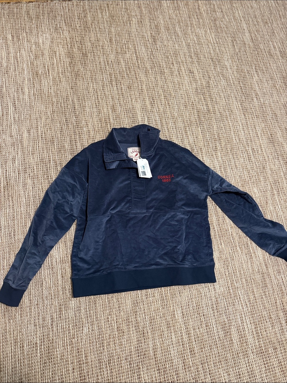 League Navy Velour Quarter-Zip Pullover with Red Cornell Embroidery